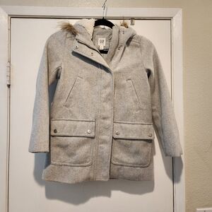 GAP Kids Light Gray Pea Coat with Faux Fur Hood